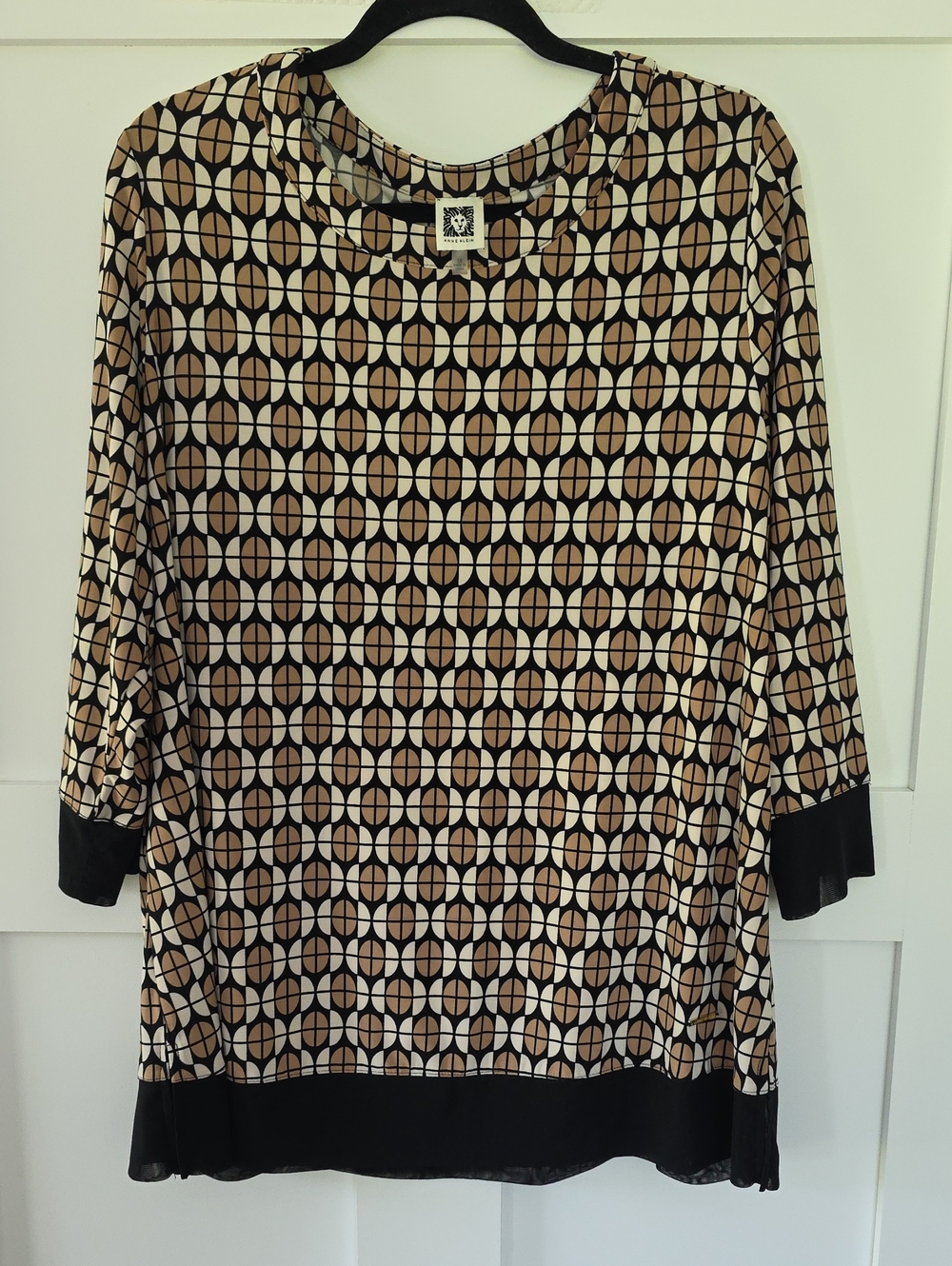 Anne Klein Geometric Print Black & Tan Women's Tunic Top 1X